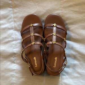 Larroude Gold and Brown Sandals T-Strap Design